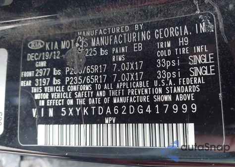 2013 Kia Sorento Lx z USA, uszkodzony, nr VIN 5XYKTDA62DG417999